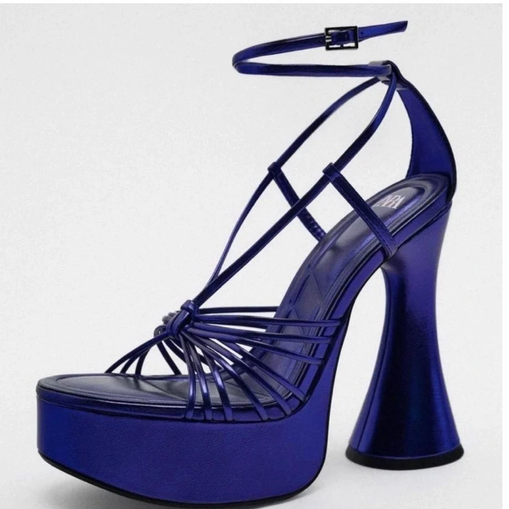 Zara Metallic Blue Strappy Platform Sandals Flared Block Heel Size 37 - Picture 7 of 7